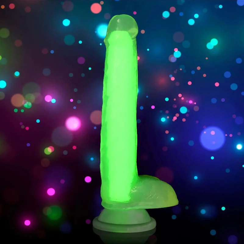 micro-stub-dildo-7 Inch Glow-in-the-Dark Silicone Dildo with Balls - Green