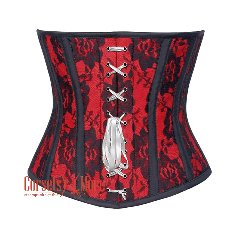 Corset top with sheer edging-Plus Size  Red Satin Net Overlay Gothic Waist Training Steampunk Underbust Corset