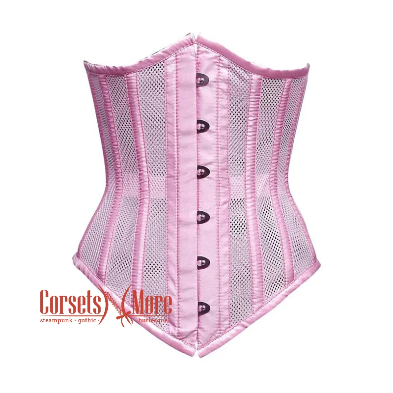 Corset with lace overlay-Pink Satin Mesh With Front Silver Busk Long V-Shape Underbust Corset