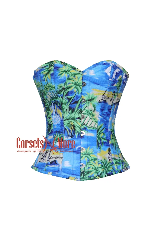 Corset with satin edging-Plus Size Summer Beach Printed Cotton Overbust Corset Island Costume