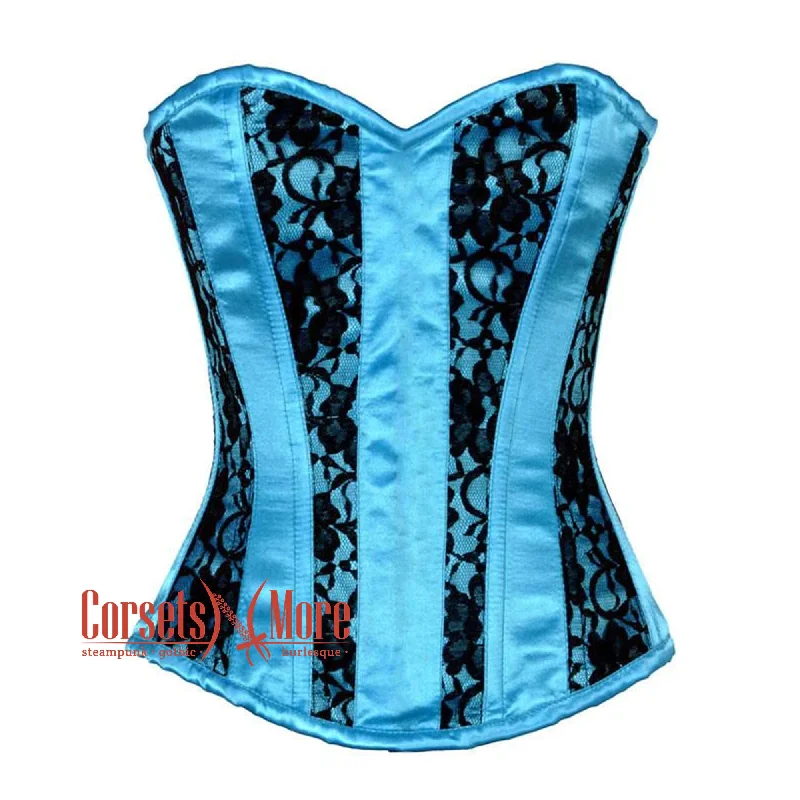 Corset for striking fit-Turquoise Satin With Black Net Front Close Gothic Overbust Burlesque Corset