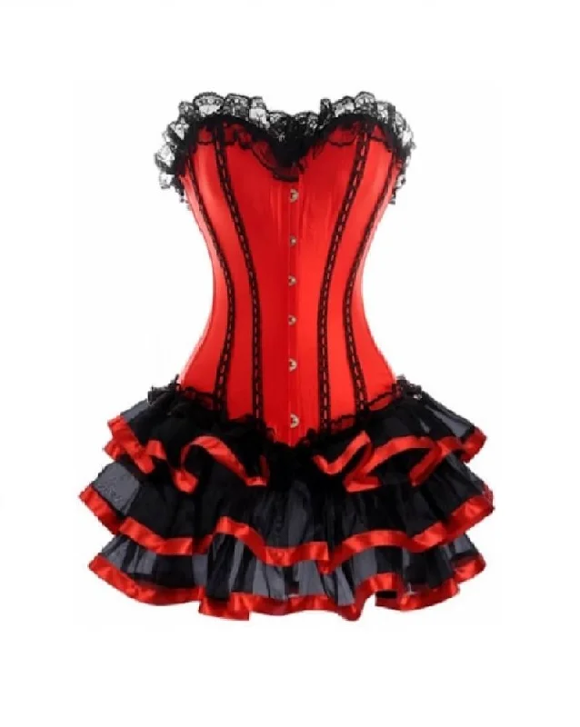 Corset in pale bronze-Red Satin Black Frill Tutu Skirt Gothic Burlesque Valentine Corset Waist Training Overbust