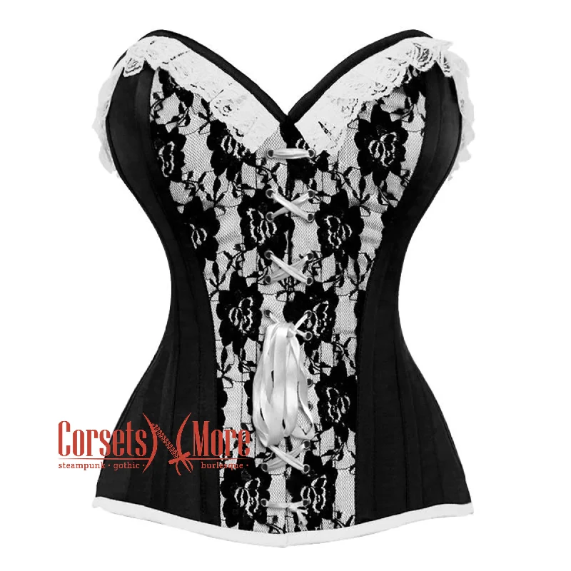 Corset for refined glamour-Black And White Satin With Front White Ribbon Overbust Corset