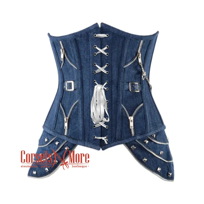 Corset dress for autumn flair-Plus Size  Blue Denim Gothic Heavy Duty Front Lace Steampunk Waist Training Underbust Corset