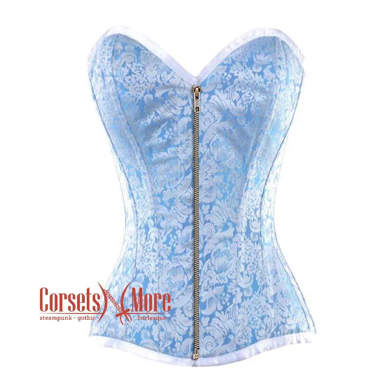 Corset in deep blush-Baby Blue And White Brocade With Antique Zipper Overbust Corset