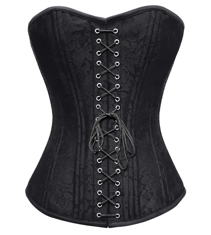 Corset with piped edges-Black Brocade Spiral Steel Boned Corset Waist Training Overbust Top