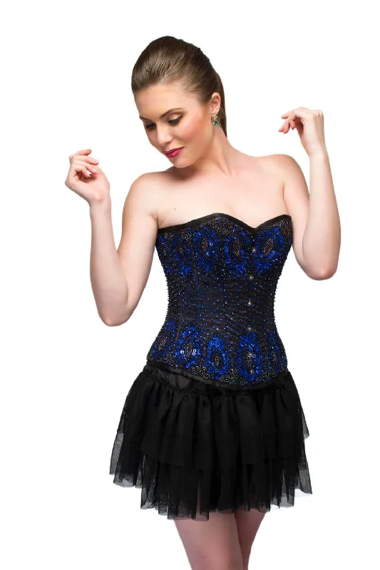 Corset top with tie-back-Blue Satin Black Handmade Sequins Corset Overbust Top