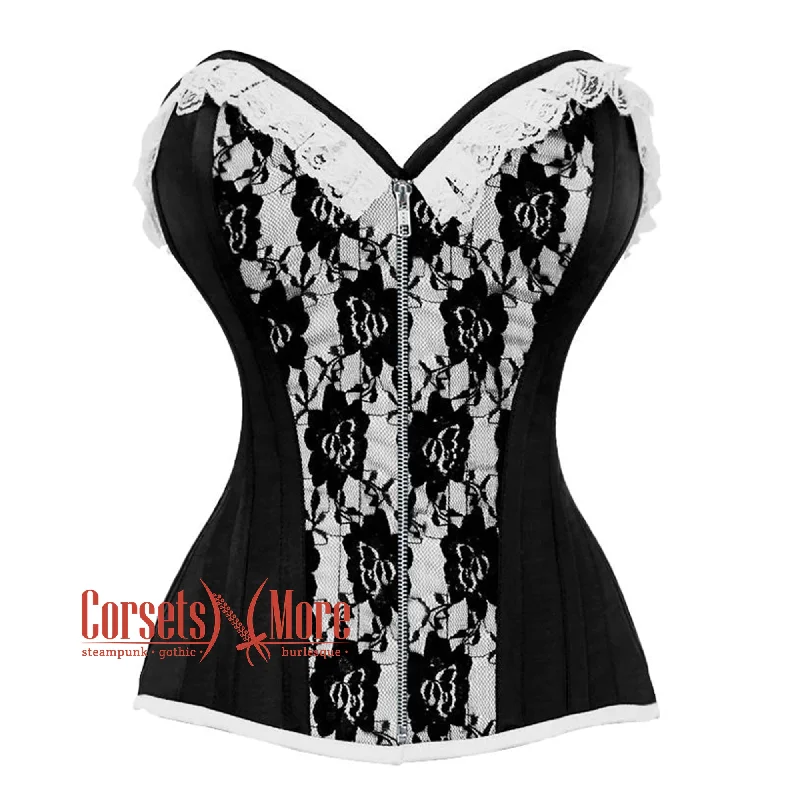 Corset in soft jade-Black And White Satin With Front Silver Zipper Overbust Corset