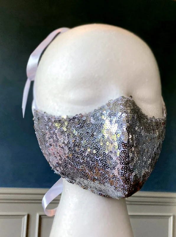 Silicone air vibes-Fashion face cover/cloths face mask, silver sequins outside, cotton inside. Around head ribbon