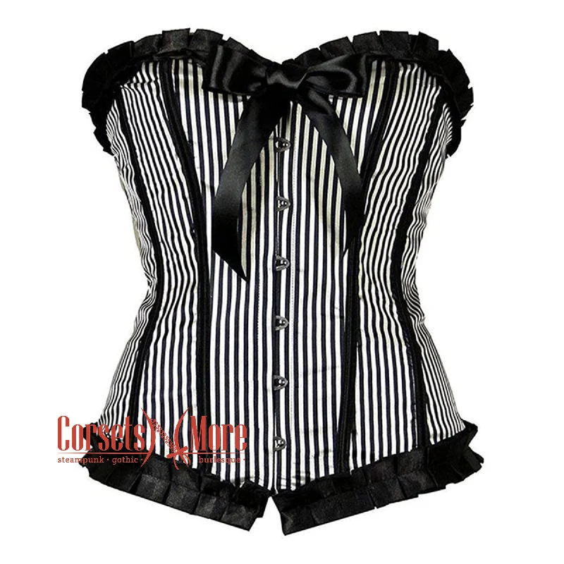 Corset in pale coral-Black And White Cotton Striped Frill Gothic Overbust Corset