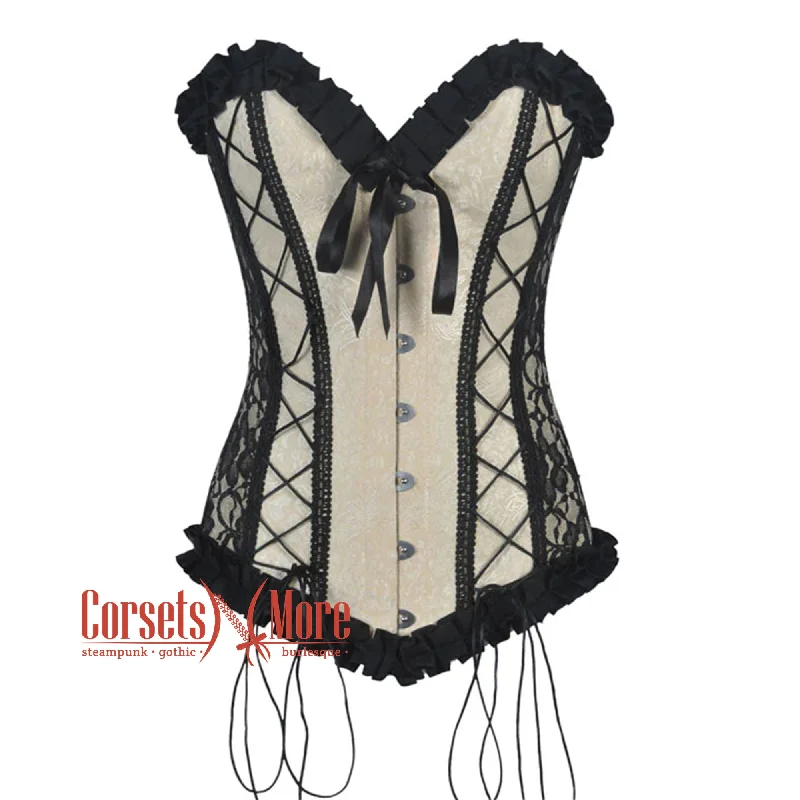 Corset in muted coral-Ivory Brocade With Frill And Lace Design Long Overbust Corset