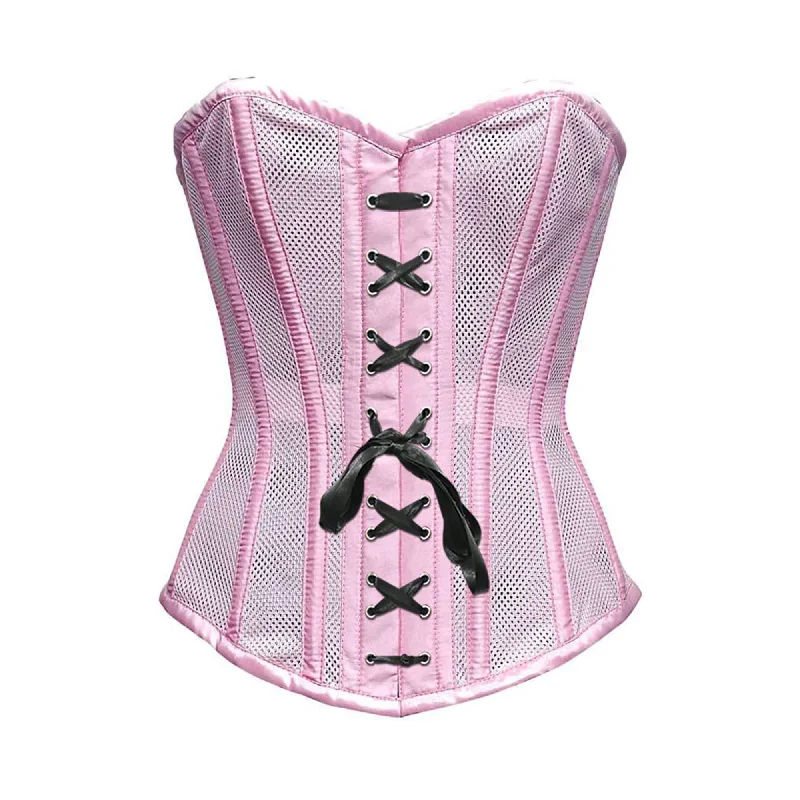 Corset top in deep magenta-Baby Pink Satin Mesh Front Black Ribbon Overbust Corset