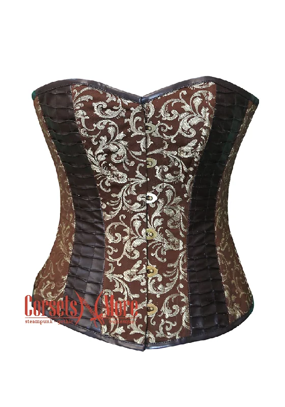 Corset dress with ruffled skirt-Brown & Golden Brocade and Leather Corset Overbust Bustier Top