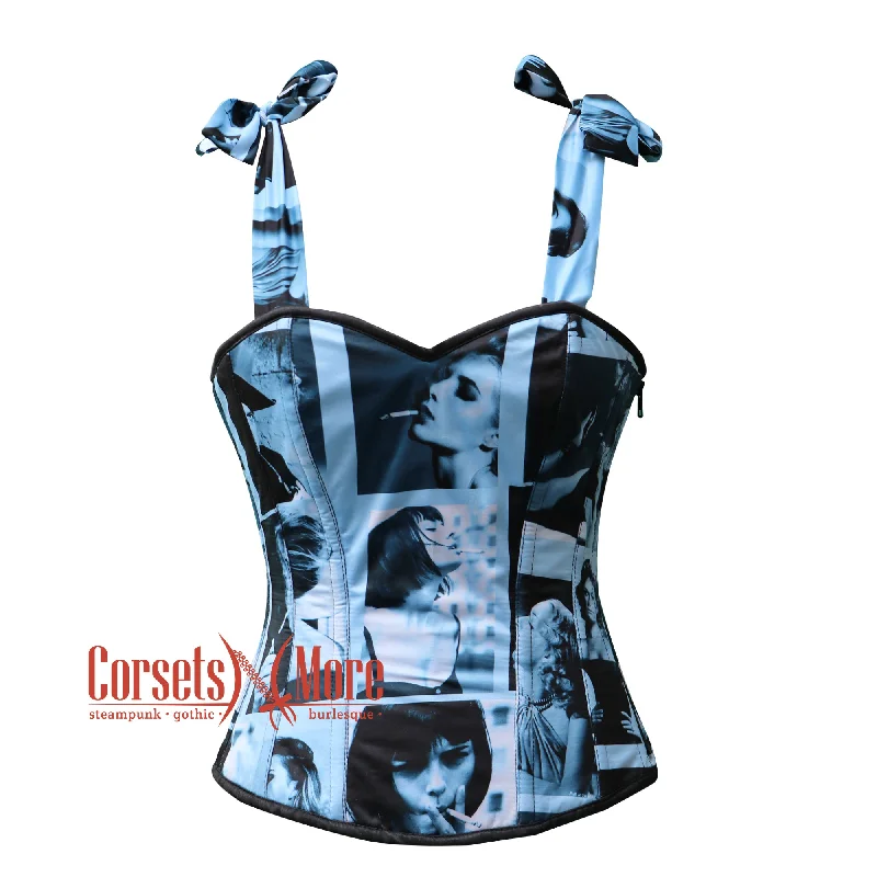 Corset with floral straps-Sexy Smoky Girl Printed Satin Overbust Corset With Shoulder Bow Top