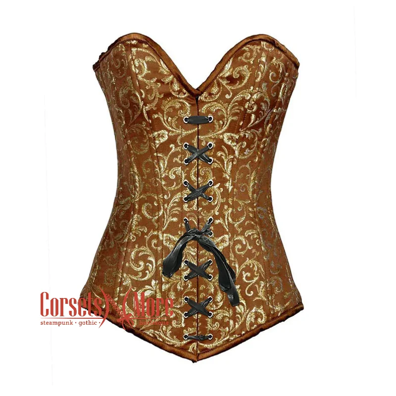 Corset top in soft plum-Brown And Golden Brocade Long Front Lace Burlesque Gothic Overbust Corset Bustier Top