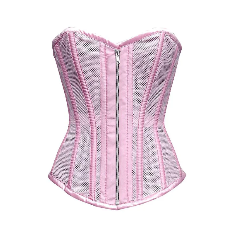 Corset in pale silver-Baby Pink Satin Mesh Zipper Overbust Corset