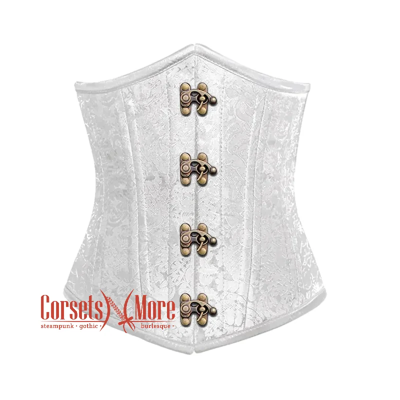 Corset with lace inserts-White Brocade Antique Clasps Double Bone Steampunk Gothic Waist Training Underbust Corset Bustier Top