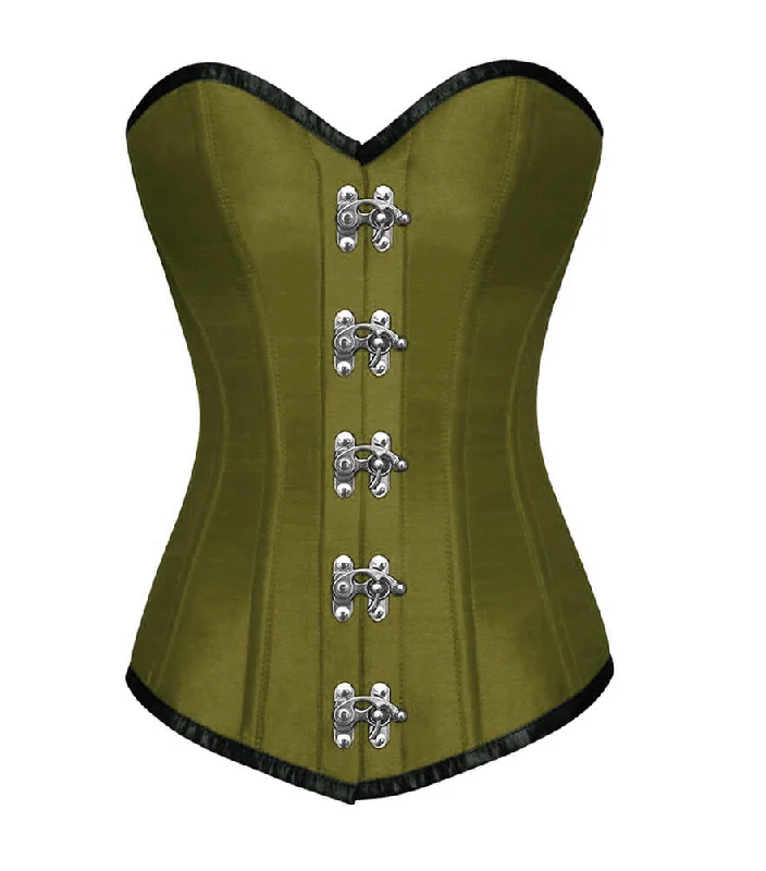 Corset dress in muted ivory-Olive Green Satin Seal Lock Gothic Steampunk Corset LONGLINE Overbust