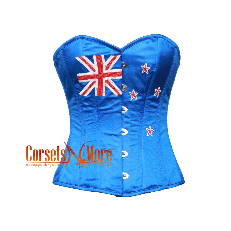 Corset for delicate lines-Plus Size Blue Satin White Sequins New Zealand Flag Gothic Overbust Corset Top