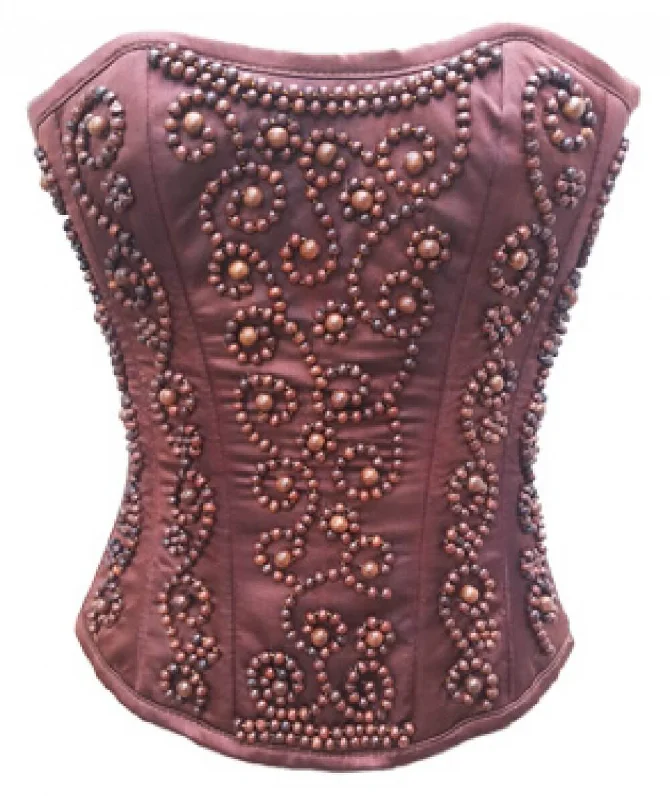 Corset dress for winter flair-Burgundy Satin Wooden Handmade Sequins Waist Cincher Women Overbust Corset Top