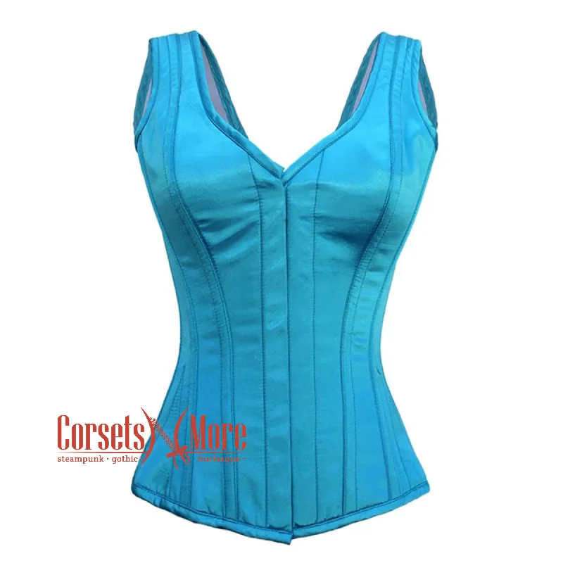 Corset in soft silver-Baby Blue Satin With Front Close Gothic Overbust Burlesque Corset Waist Training Top