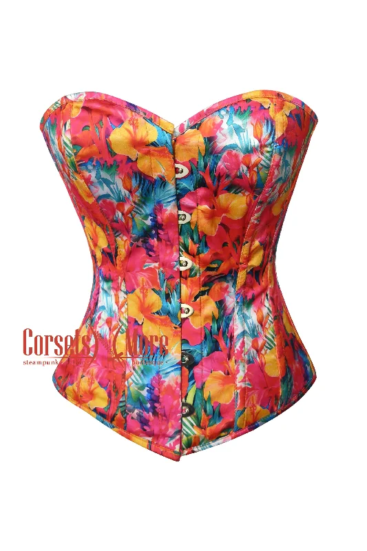 Corset in deep blush-Plus Size Tropical Floral Hibiscus Flowers Print Sweetheart Neckline Corset Bustier Overbust Halloween Top