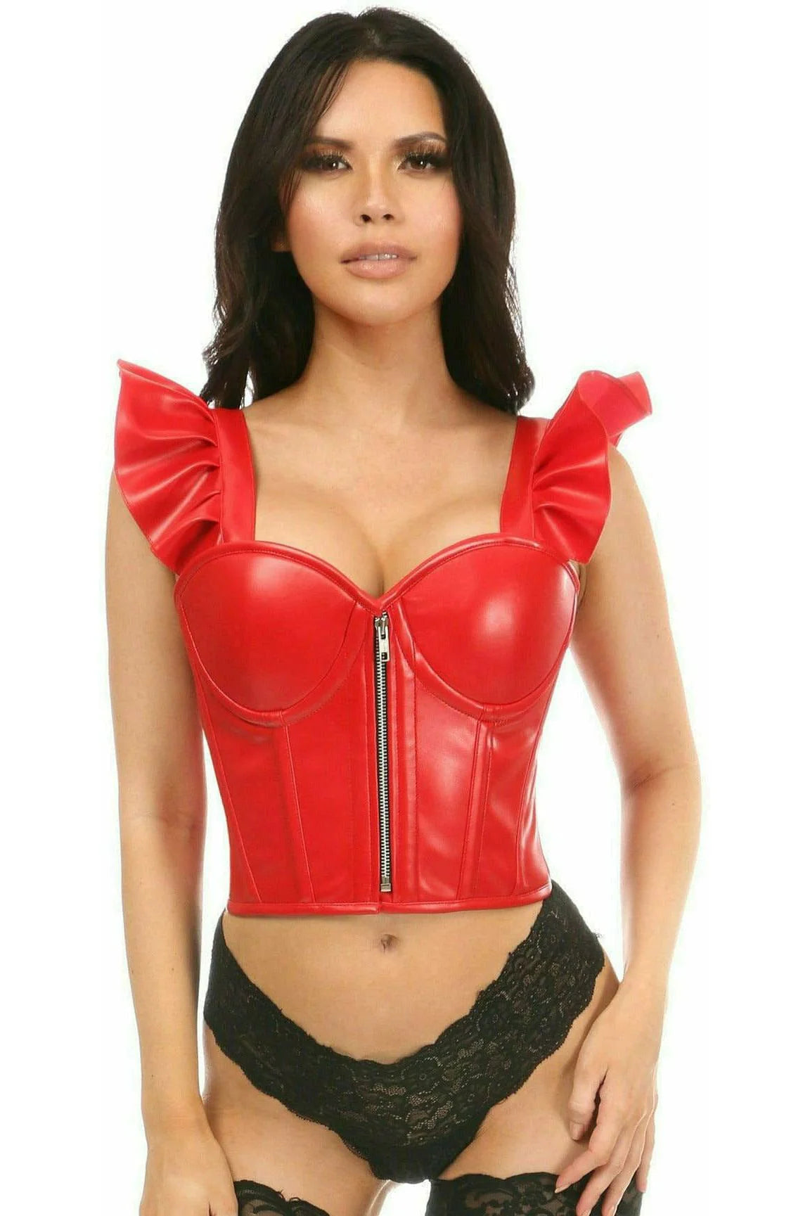 Rechargeable clit rings-Queen Lavish Faux Leather Bustier Top w/Ruffle Sleeves