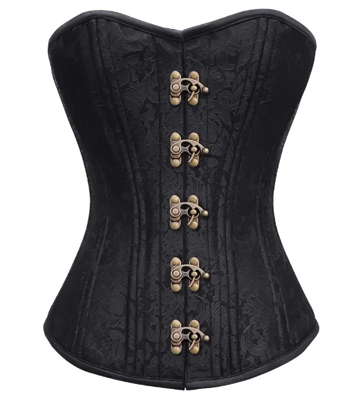 Corset dress in twilight blue-Black Brocade Spiral Steel Boned Corset Waist Training Overbust Black Corset Top