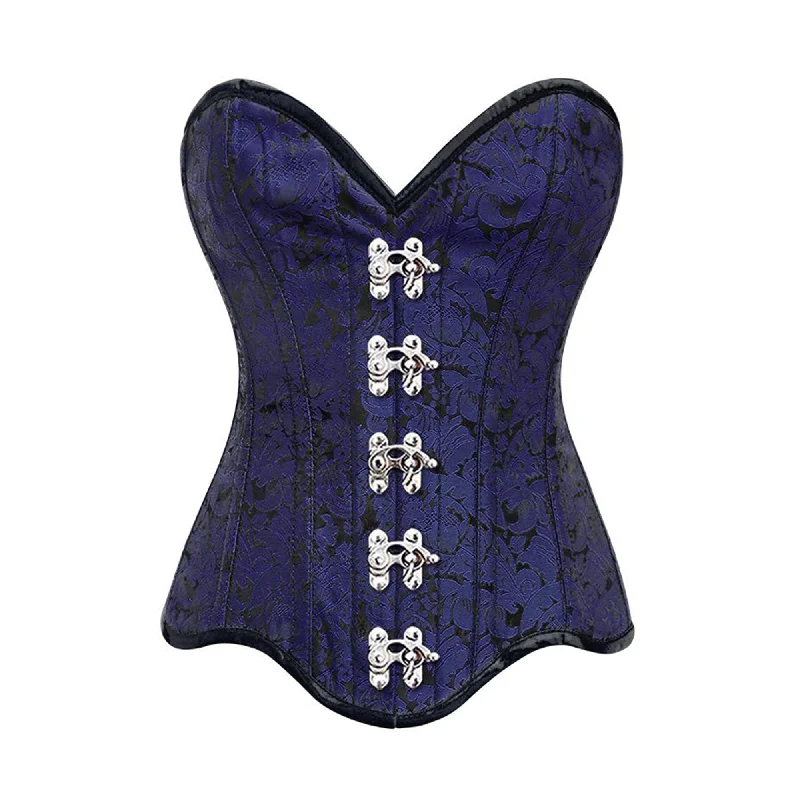 Corset in light plum-Blue Brocade Gothic With Front Clasps Overbust Corset