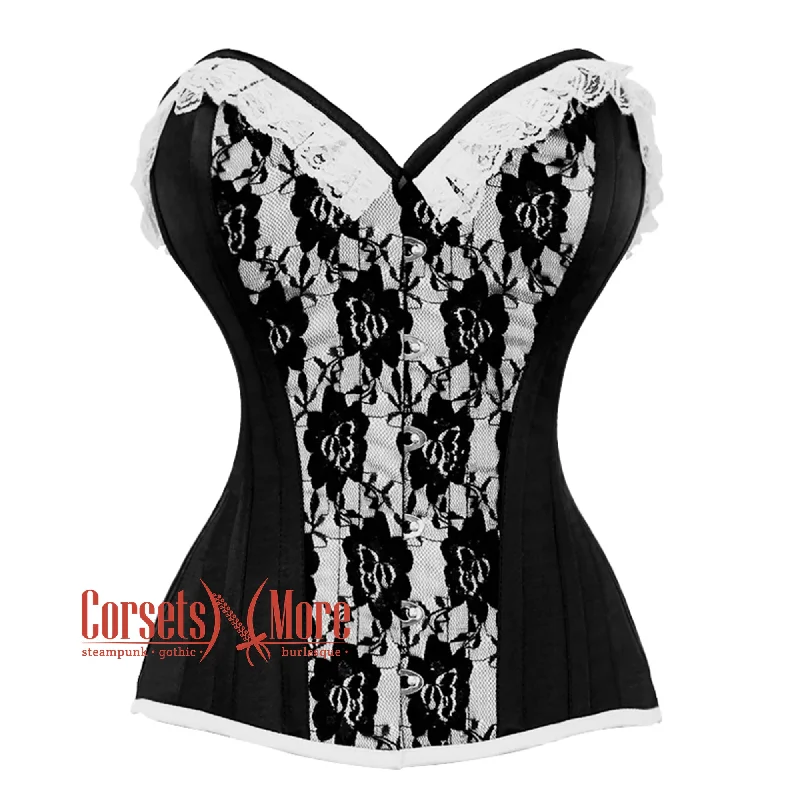 Corset in pale teal-Black And White Brocade With Front Busk Overbust Corset