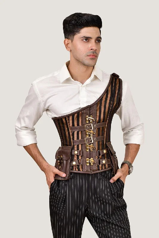 Corset with floral stitching-Leather-Brocade Corset for Men: Brown-Lined Design