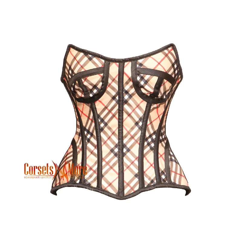 Corset top in light coral-Checked Print Overbust Gothic Waist Training Corset Bustier Top