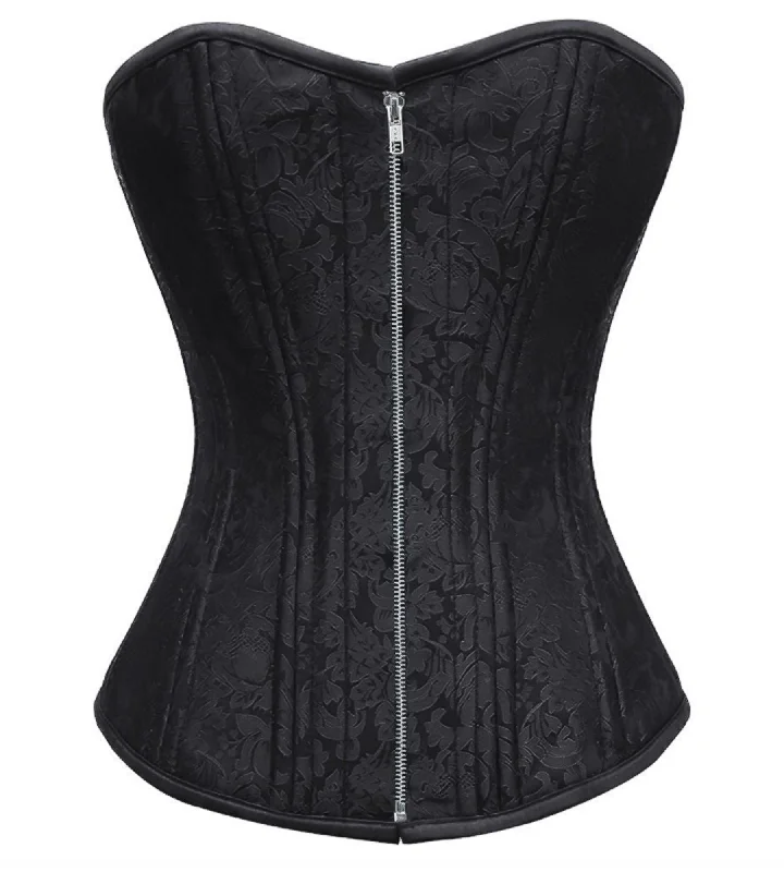 Corset with velvet hem-Black Brocade Spiral Steel Boned Satin Overbust Plus Size Zipper Corset Waist Training Bustier Top