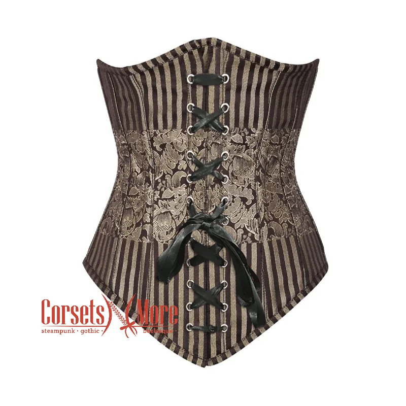 Corset in soft jade-Brown and Golden Brocade With Front Lace Gothic Long Underbust Corset