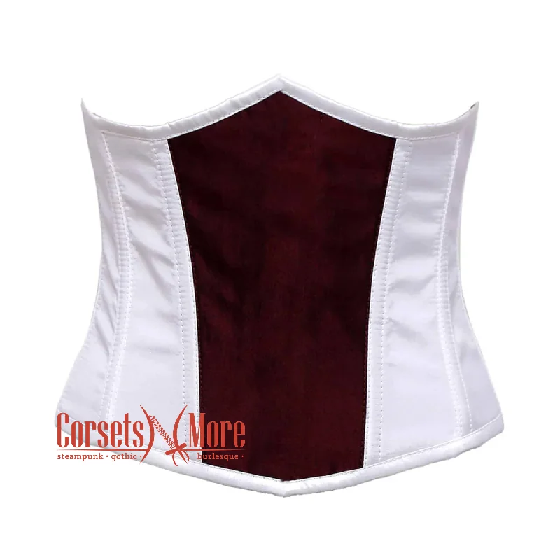 Corset with satin piping-White And Burgundy With Front Close Underbust Corset Gothic Costume Bustier Top