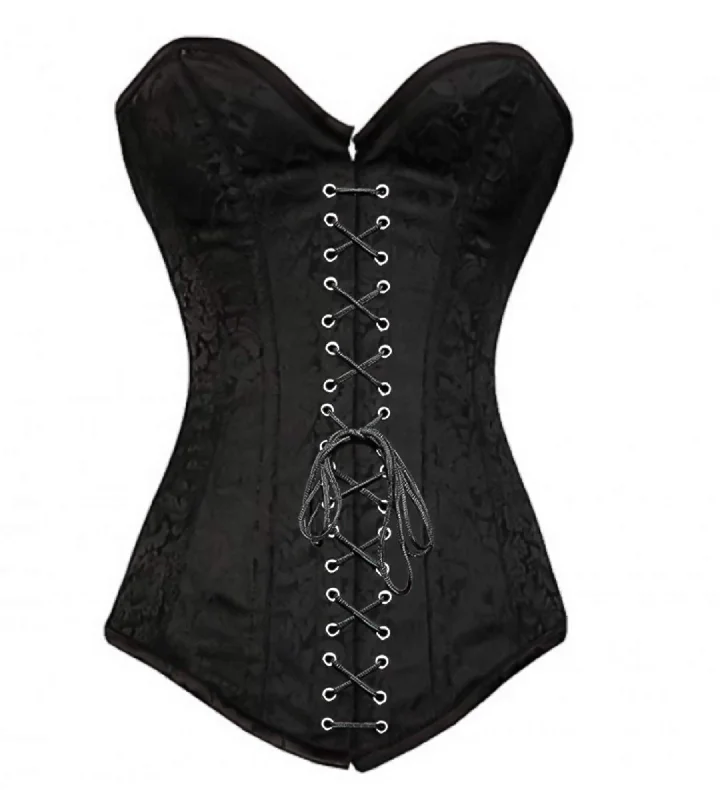 Corset dress with sheer sleeves-Black Brocade Gothic Burlesque LONGLINE Corset Waist Training Front Black Lace Overbust Top