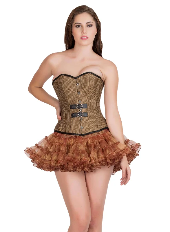 Corset for sculpted elegance-Brown Cotton Black Leather Piping Gothic Corset Steampunk Waist Training Bustier Overbust Top