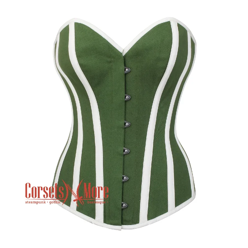 Corset in pale teal-Olive Green Cotton With White Stripes Burlesque Gothic Overbust Corset Bustier Top