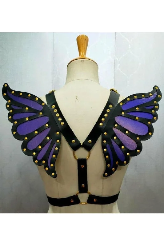 Silent wave clit toys-Faux Leather Purple/Gold Butterfly Wing Harness