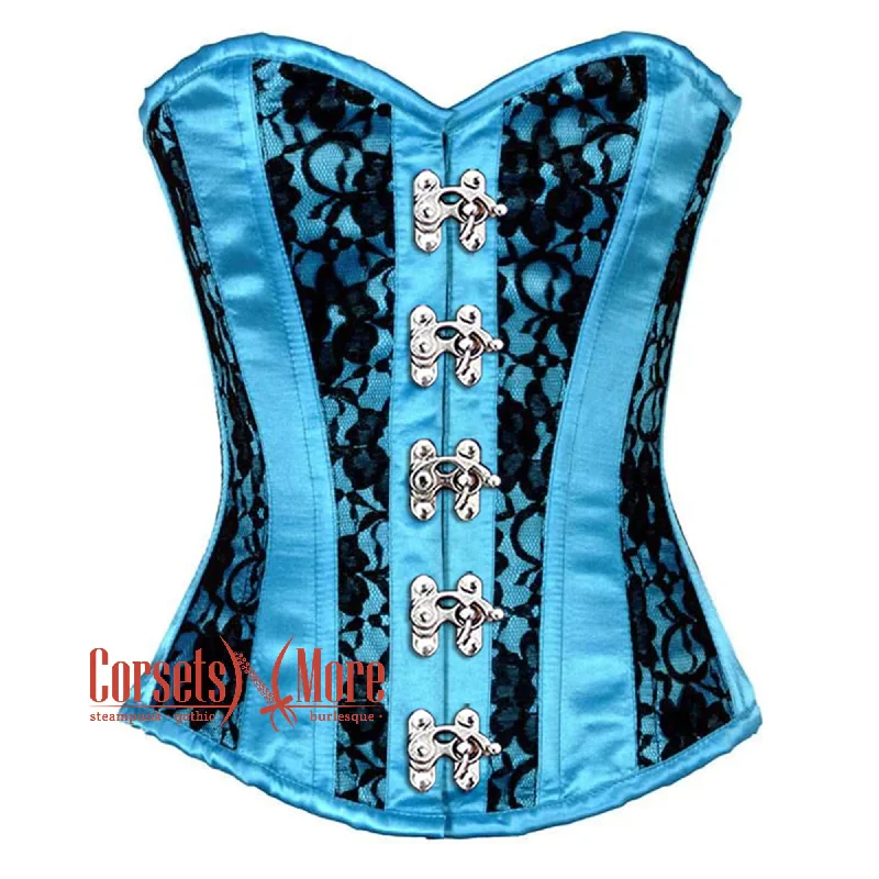 Corset top with ruched overlay-Turquoise Satin With Black Net Gothic Overbust Burlesque Corset