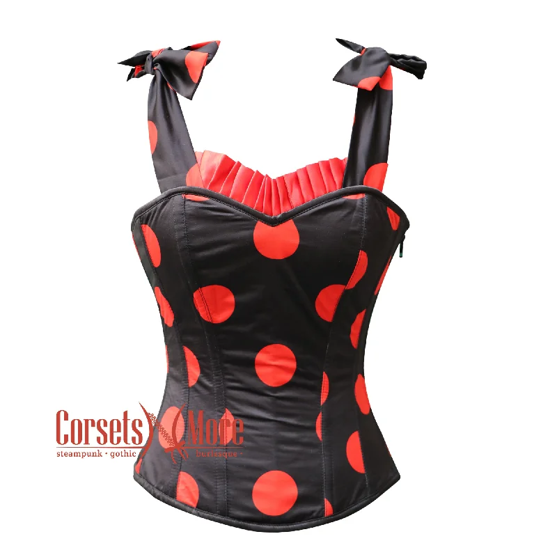 Corset for striking fit-Printed Black Red Polka Satin With Red Frill Overbust Corset With Shoulder Strap