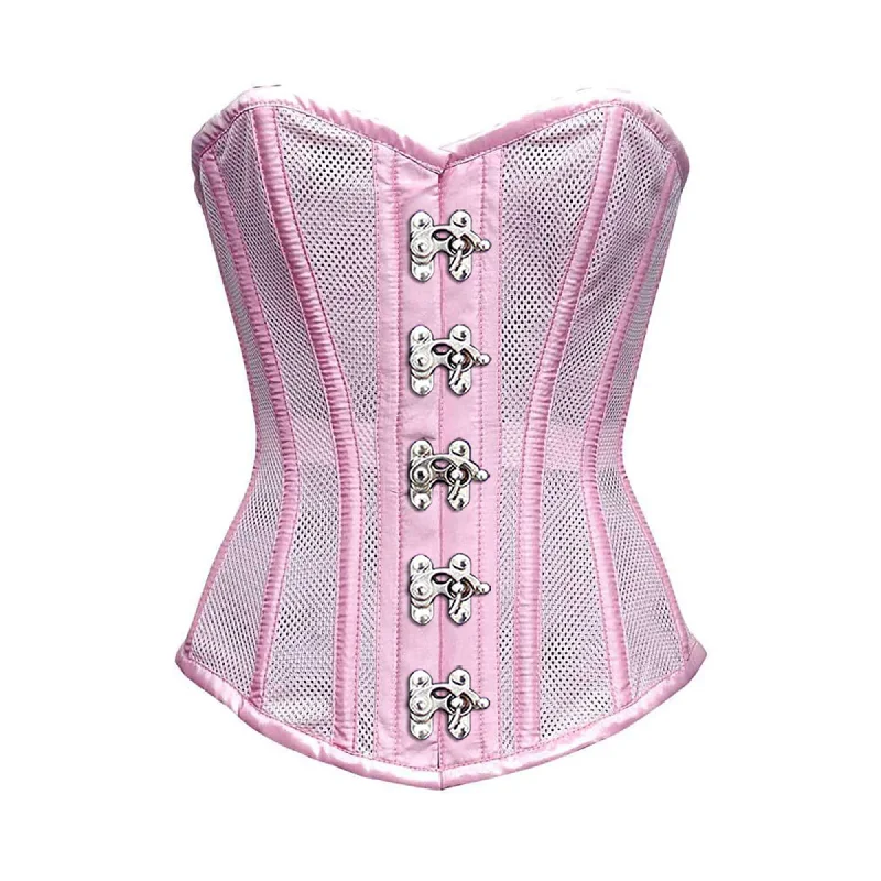 Corset top in soft teal-Baby Pink Satin Mesh Front Clasps Overbust Corset