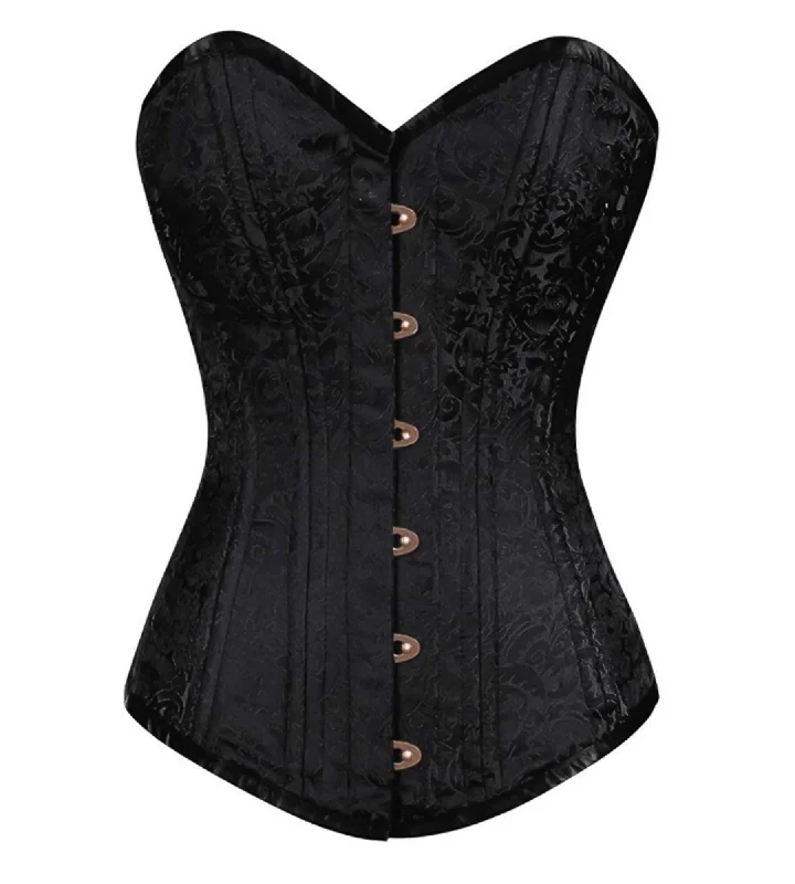 Corset with silk straps-Black Brocade Spiral Steel Boned LONGLINE Corset Goth Burlesque Waist Training Costume Overbust Bustier Top