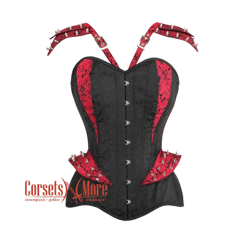 Corset for delicate lines-Plus Size  Black Brocade With Red Brocade Stripe On Shoulder Waist Training Steampunk Overbust Corset