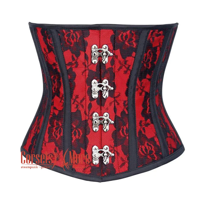 Corset with lace piping-Red Satin Black Net Overlay Burlesque Gothic Underbust Waist Training Corset