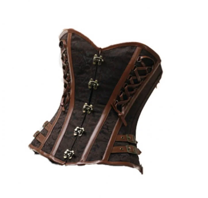 Corset for refined lines-Brown Brocade Leather Straps Gothic Steampunk Bustier Waist Training Overbust Corset Top