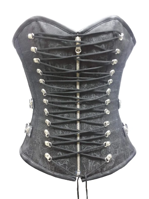 Corset with crystal trim-Plus Size Black Brocade Leather Zipper Laces Gothic Steampunk Bustier Burlesque Overbust Corset Costume