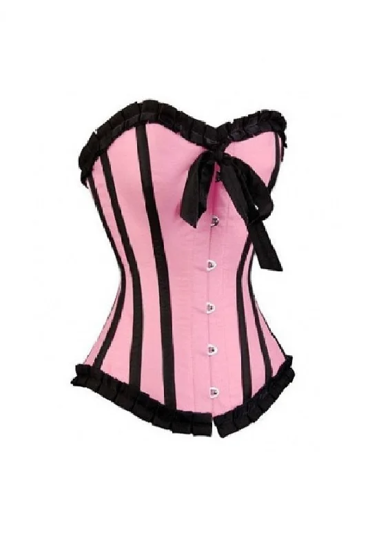 Corset top in rich suede-Pink Satin Black Frill Gothic Retro Overbust Plus Size Corset Waist Training Burlesque Costume