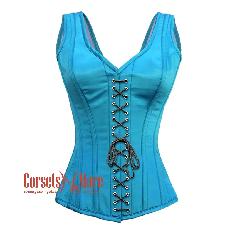 Corset top in soft violet-Baby Blue Satin With Front Lace Gothic Overbust Burlesque Corset Waist Training Top