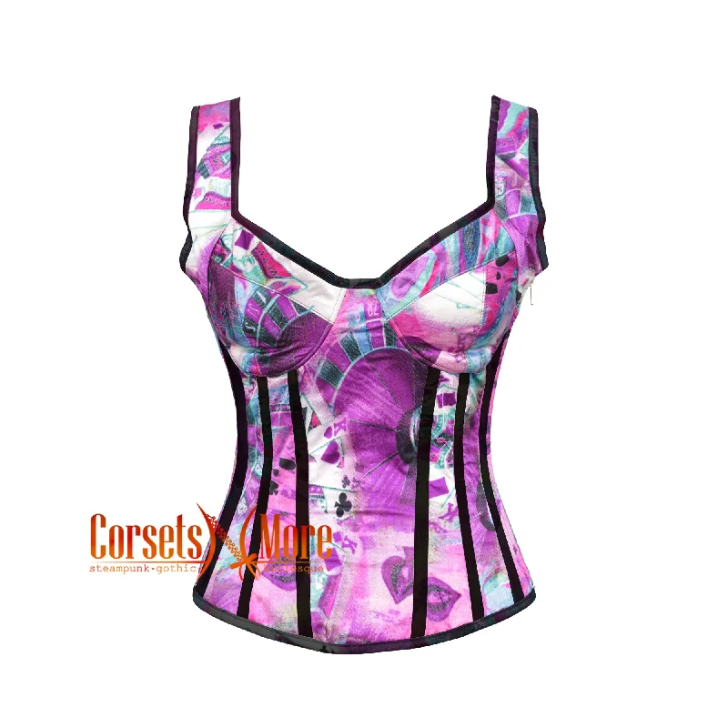 Corset for timeless fit-Plus Size Printed Colourful Purple Satin With Black Stripes Gothic Overbust With  Shoulder Strap Corset